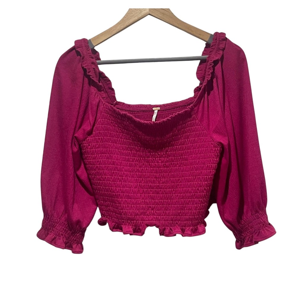Free People Shirt Womens Large Pink Smocked Ruffle Crop Peasant Top Blouse